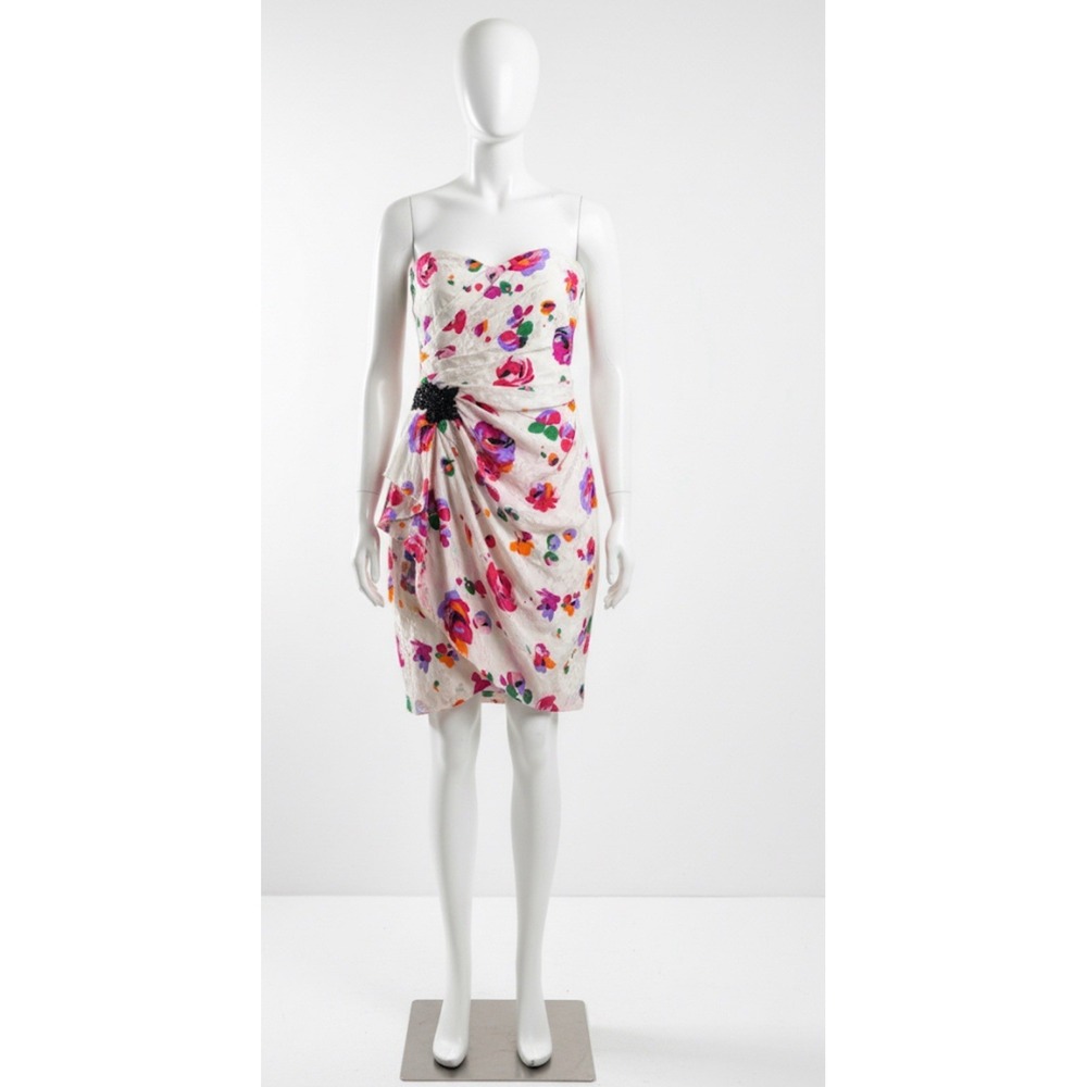 A.J. Bari Vintage Y2K Mini Party Dress Size 8 White Floral Beaded Dress- FLAW